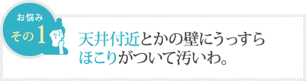 天井付近とかの壁にうっすら ほこりがついて汚いわ。 天井付近とかの壁にうっすら ほこりがついて汚いわ。